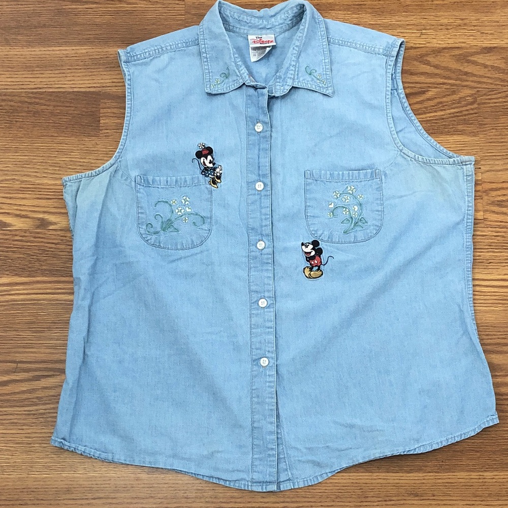 Light Blue Denim Sleeveless button Shirt with Embroidered Disney Characters XXL